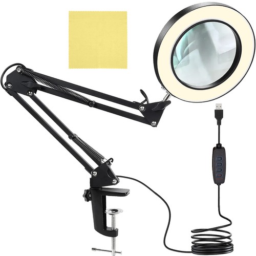 Stolná okrúhla lampa s led osvetlením a lupou čierna